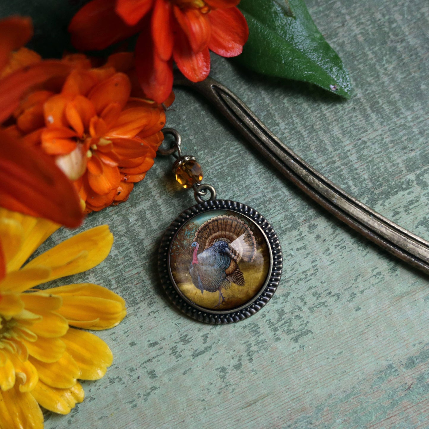 Traditional Thanksgiving Turkey Bookmark - Fall - Bronze and Glass Cabochon Book Hook