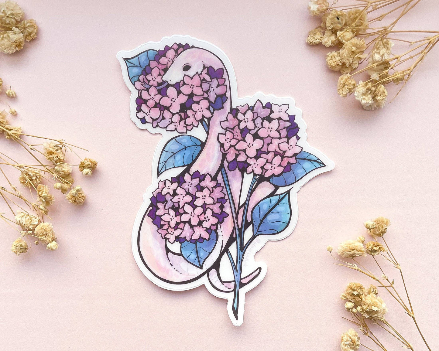 Snake and Pink Hydrangeas Sticker - Clear Vinyl
