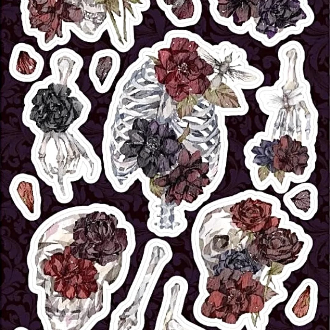 Spooky Blossom Floral Stickers - Skeletons and Flowers Sticker Sheet - Gothic & Halloween