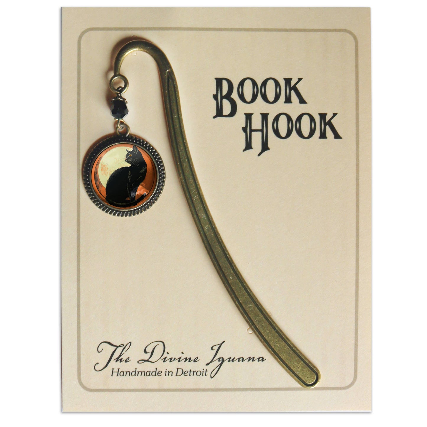 Black Cat & Orange Moon Bookmark - Retro Halloween - Bronze & Glass Cabochon