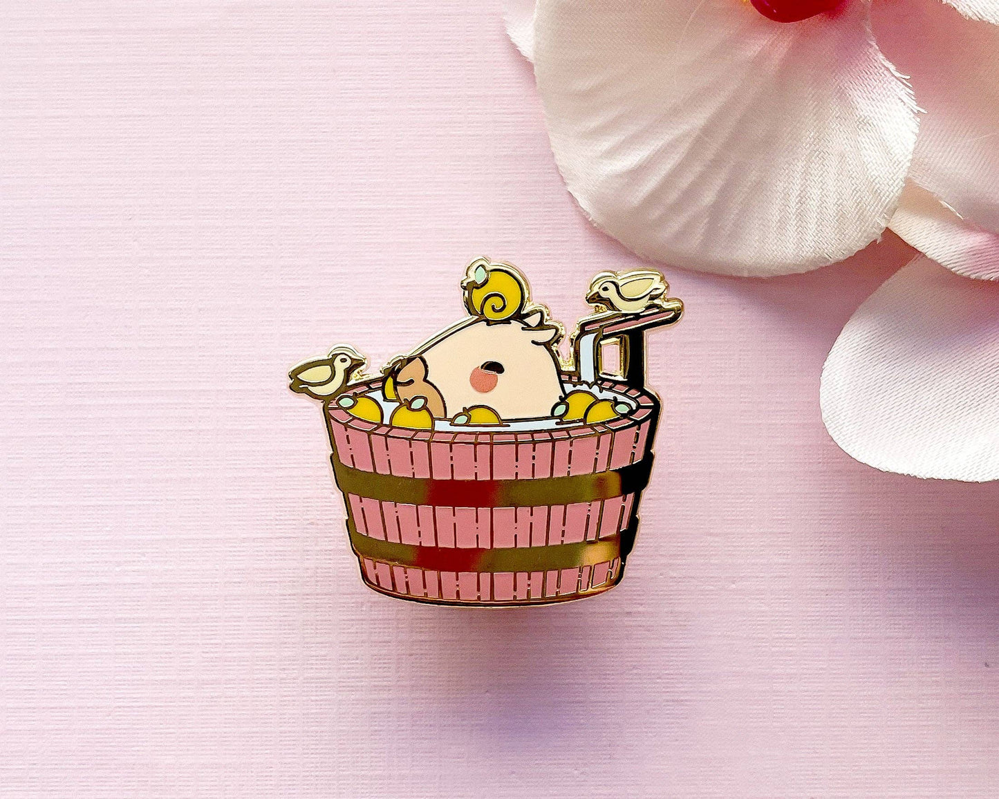 Curly the Capybara in a Bucket Spa Enamel Pin - Gold Plated Base