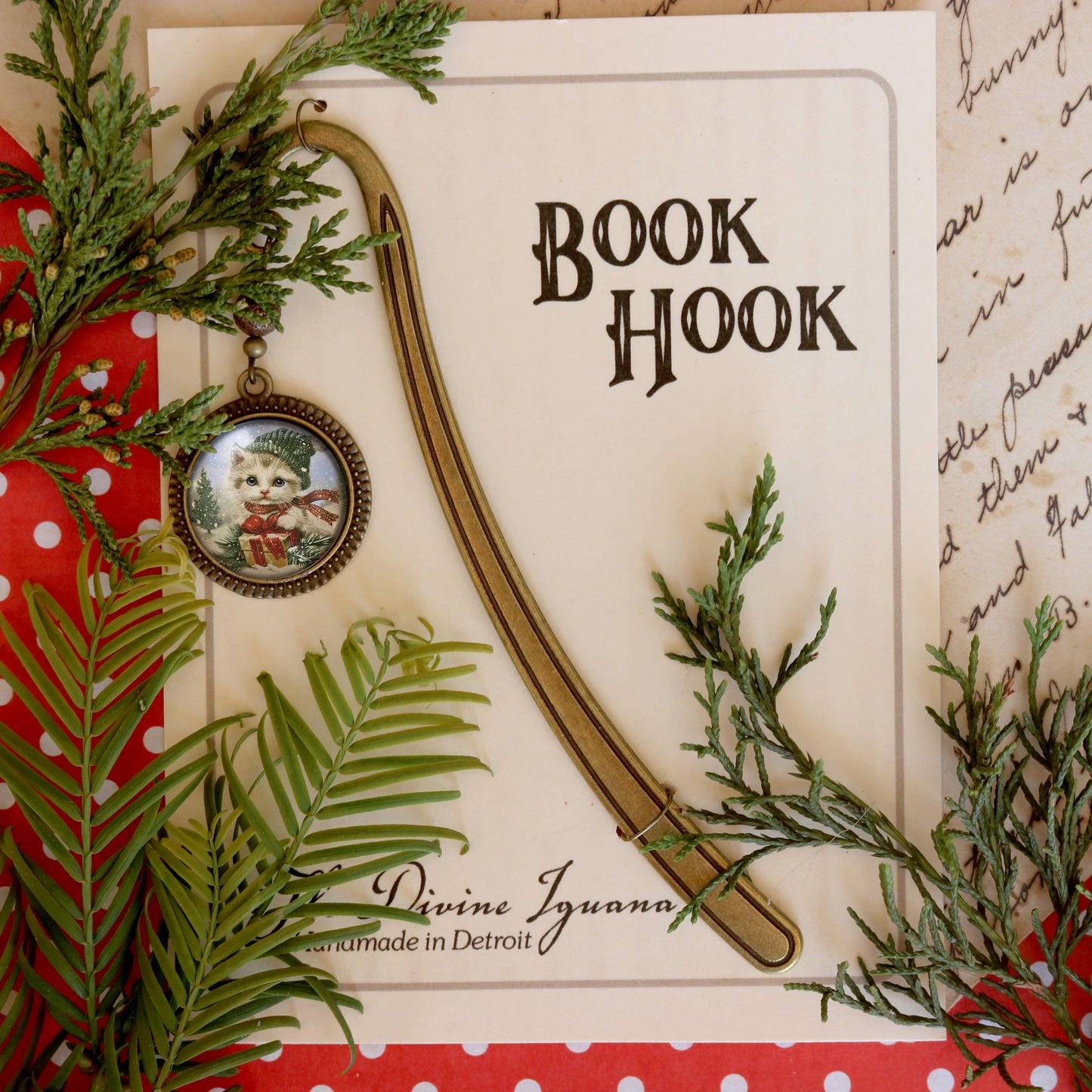 Fluffy Christmas Kitten Bookmark - Winter Holidays- Bronze and Glass Cabochon