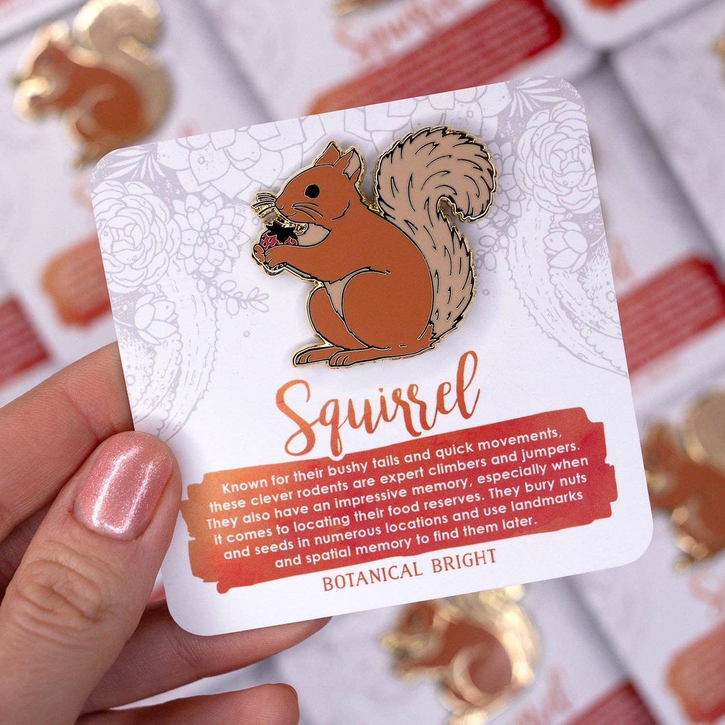 Squirrel with Strawberry Enamel Pin - Gold Plated Nature Jewelry - Wildlife Brooch