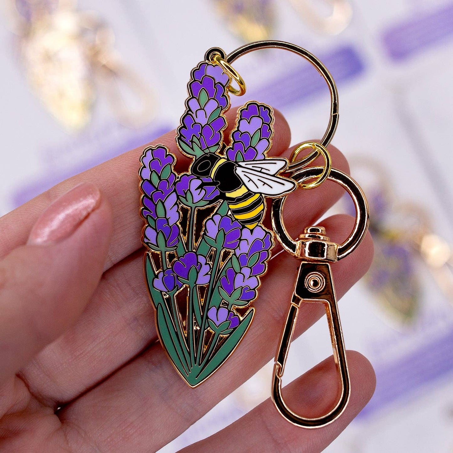 Bee and Lavender Flower Enamel Keychain with Key Clip - Gold Plated Nature Accessory