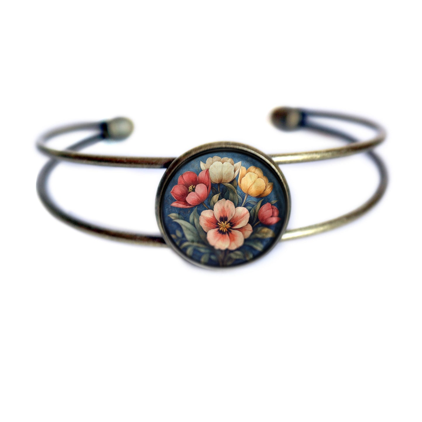 Moody Tulip Flowers Cuff Bracelet - Bronze and Glass Cabochon - Spring