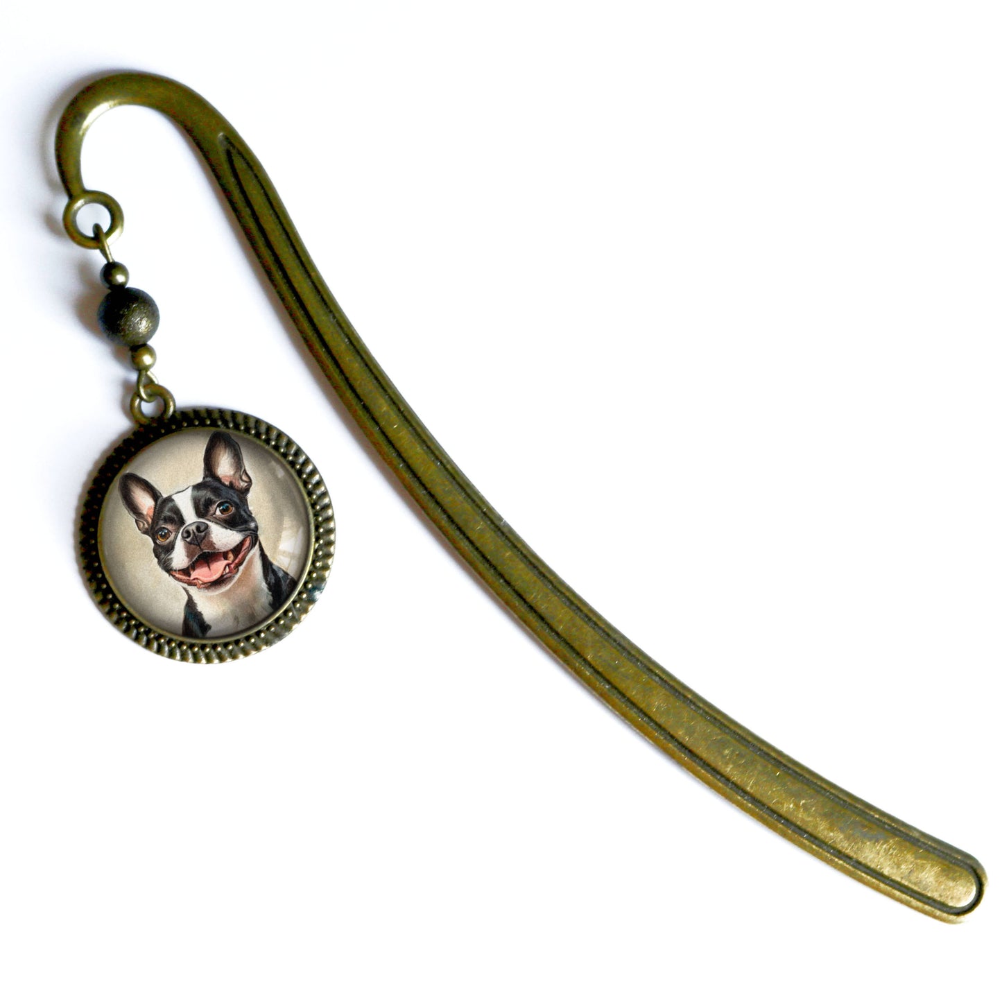 Boston Terrier Dog Bookmark - "Best Friends" - Bronze and Glass Book Hook