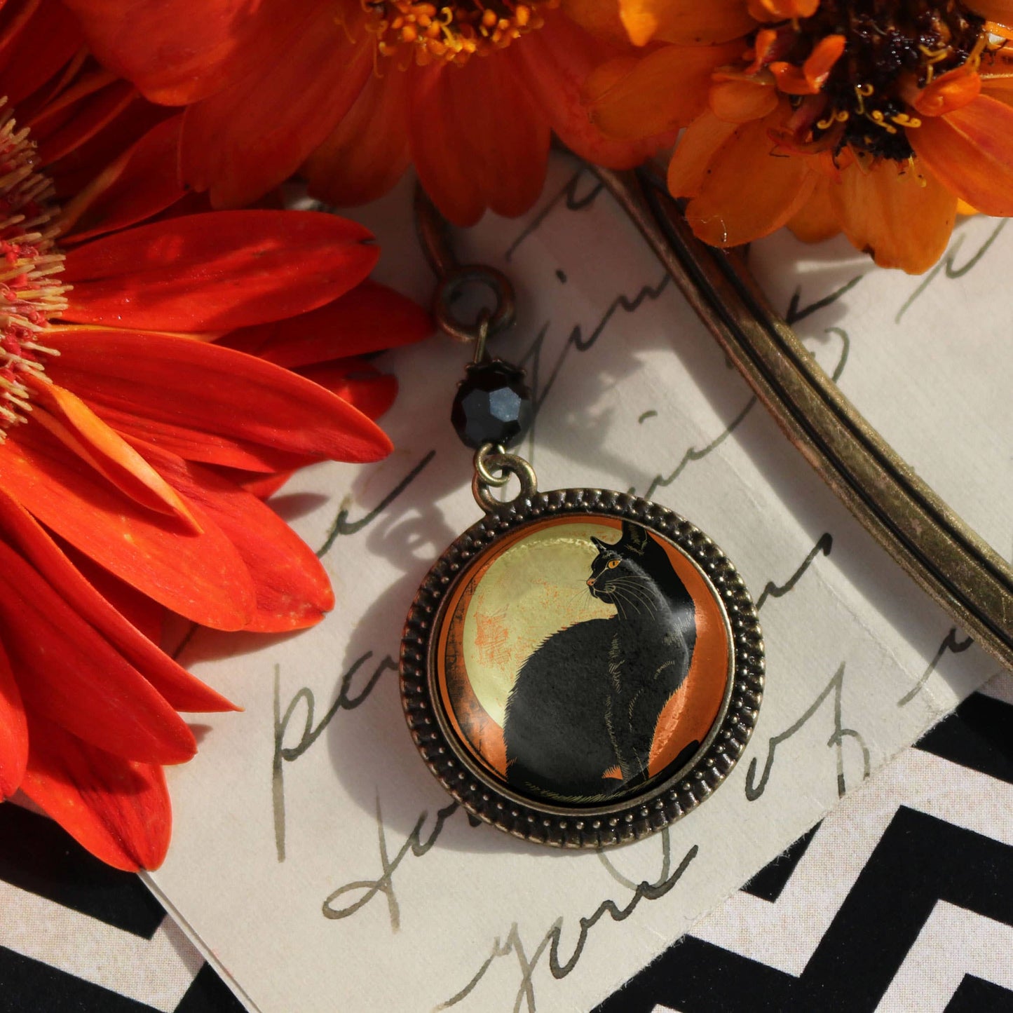 Black Cat & Orange Moon Bookmark - Retro Halloween - Bronze & Glass Cabochon