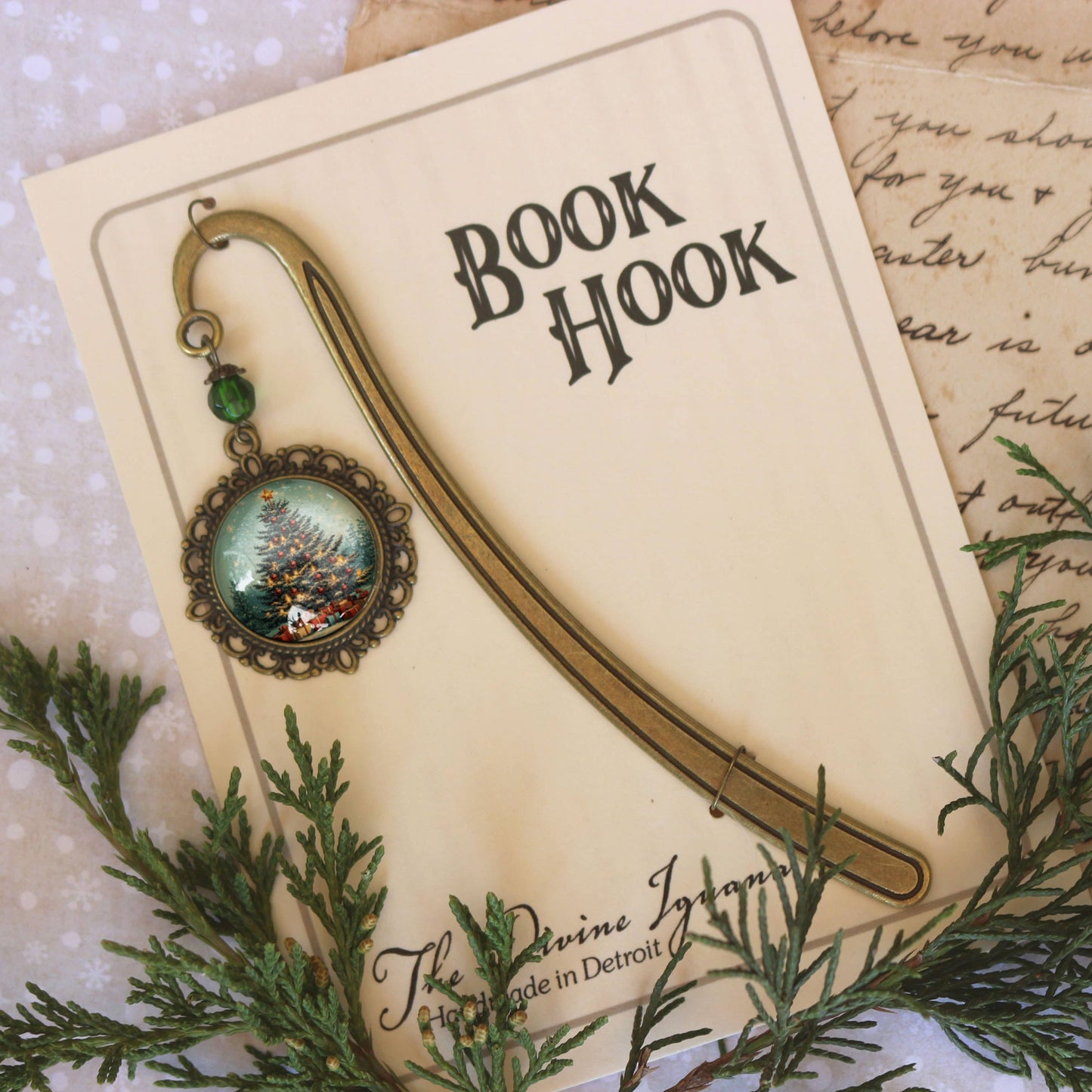 Victorian Christmas Tree Bookmark - Winter - Bronze and Glass Cabochon Book Hook