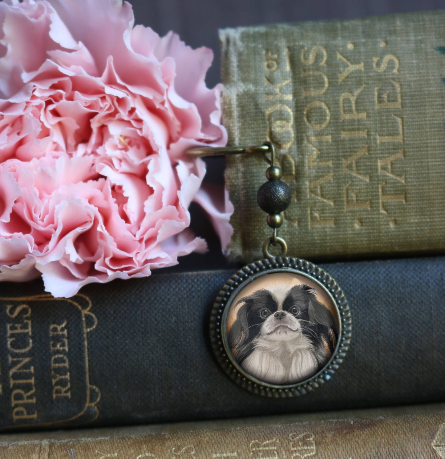 Japanese Chin Dog Bookmark - "Best Friends" - Bronze and Glass Cabochon