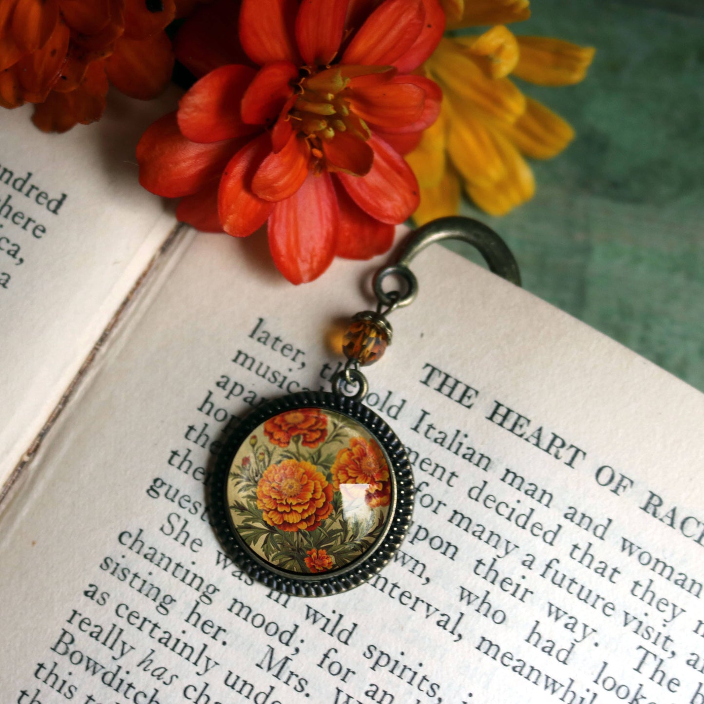 Marigold Flowers Bookmark - Floral - Bronze and Glass Cabochon Book Hook