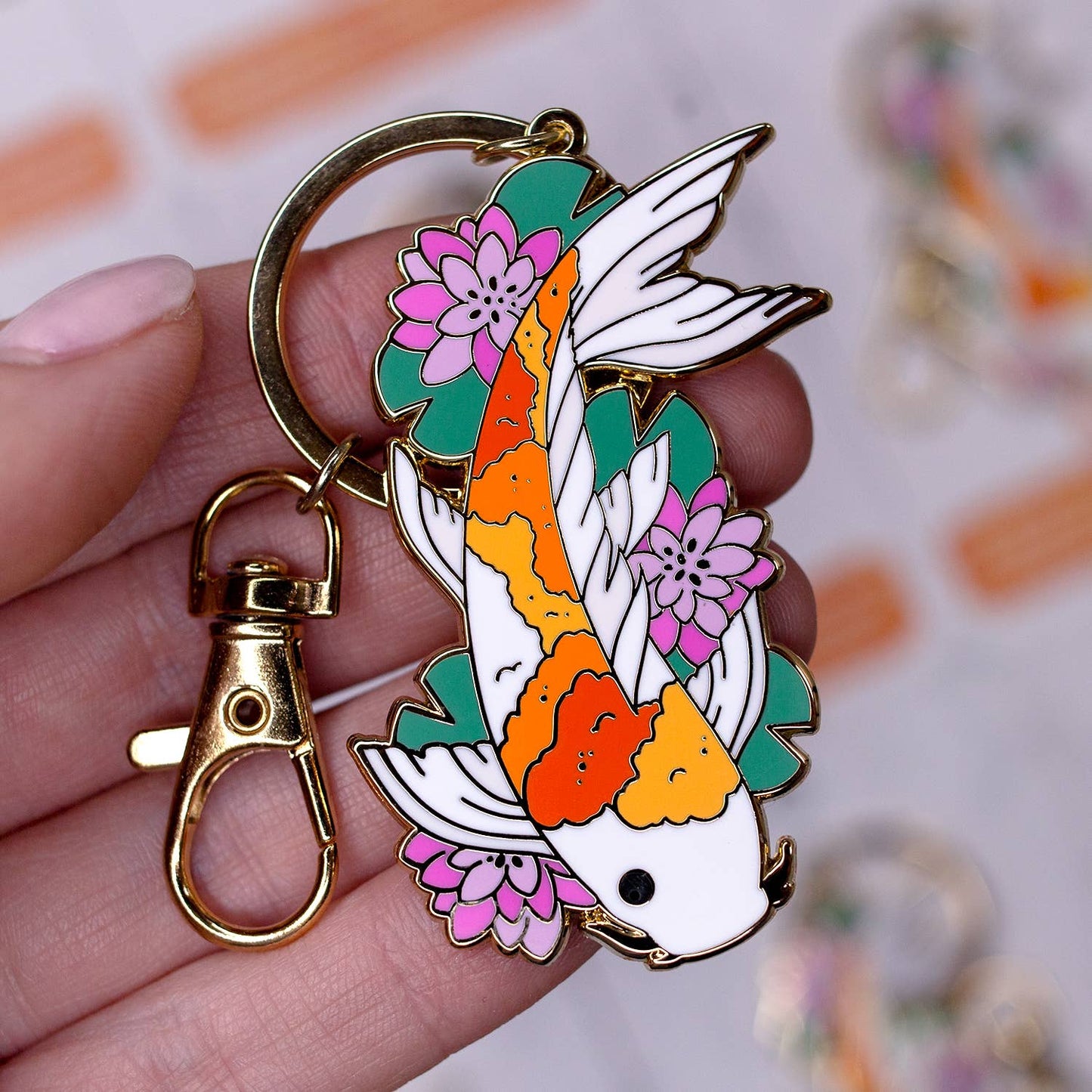 Koi Fish & Lily Pad Enamel Keychain with Key Clip - Gold Plated Nature Accessory
