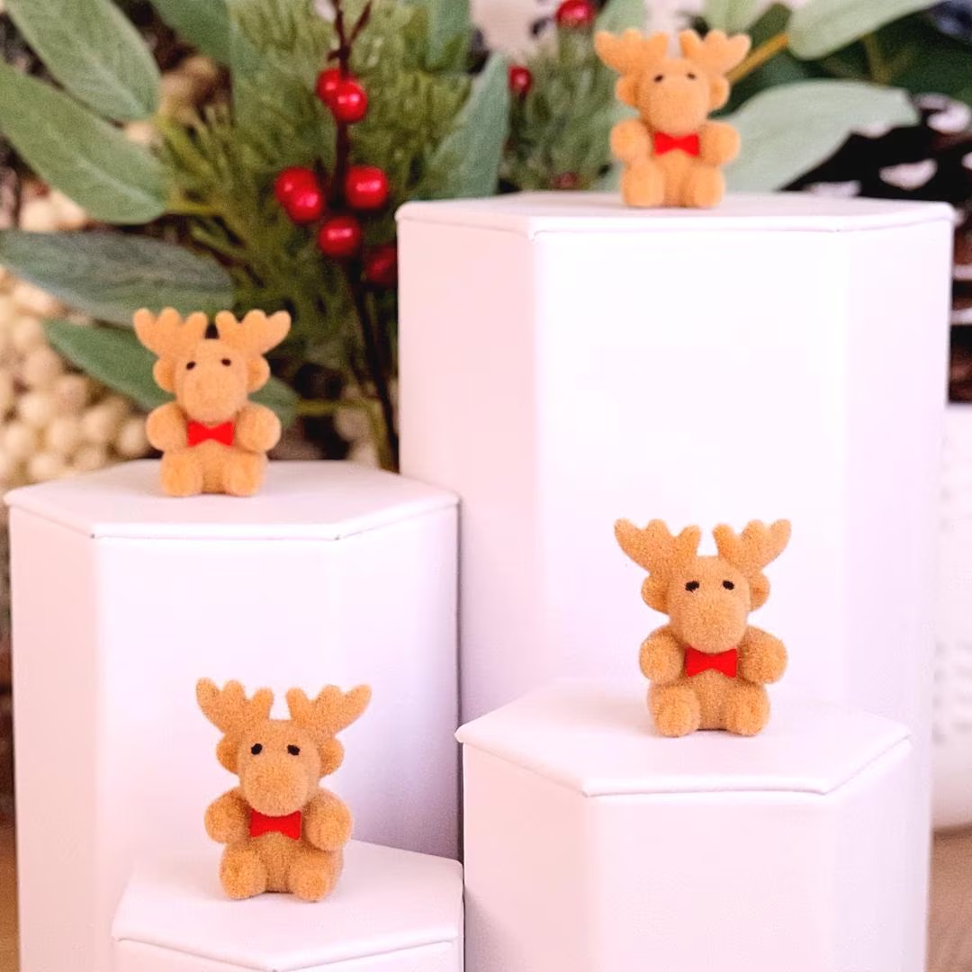 Miniature Flocked Reindeer Figure - Small Moose Figurines - Christmas & Winter Crafts