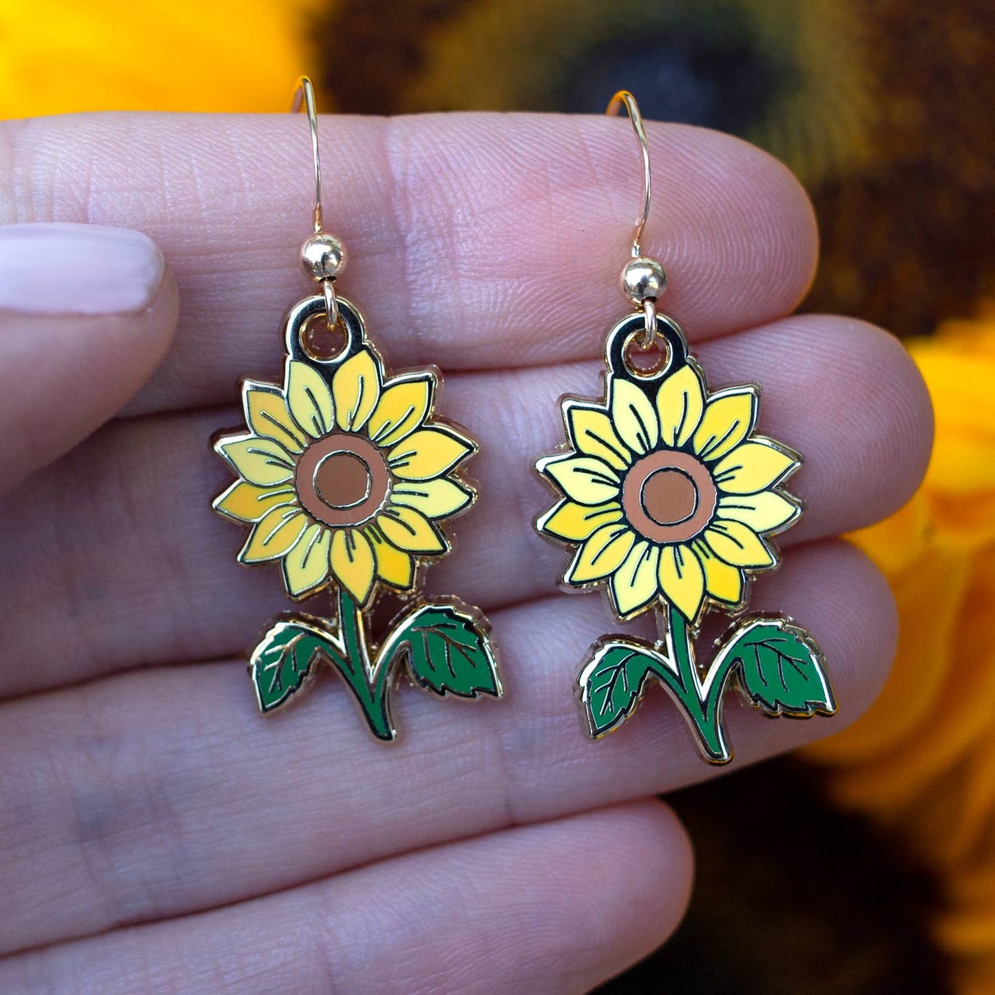 Sunflower Dangle Earrings - Gold Plated Floral Nature Jewelry