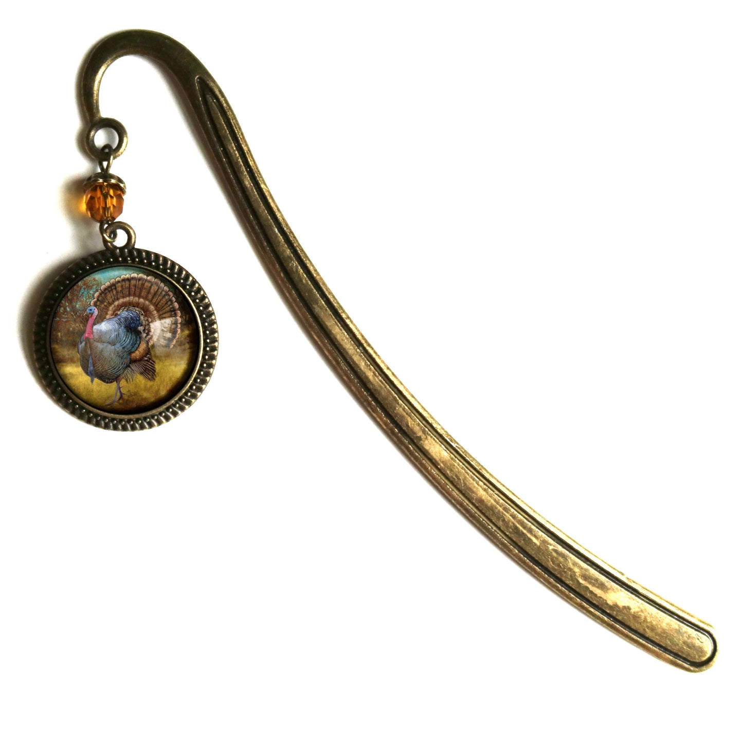 Traditional Thanksgiving Turkey Bookmark - Fall - Bronze and Glass Cabochon Book Hook
