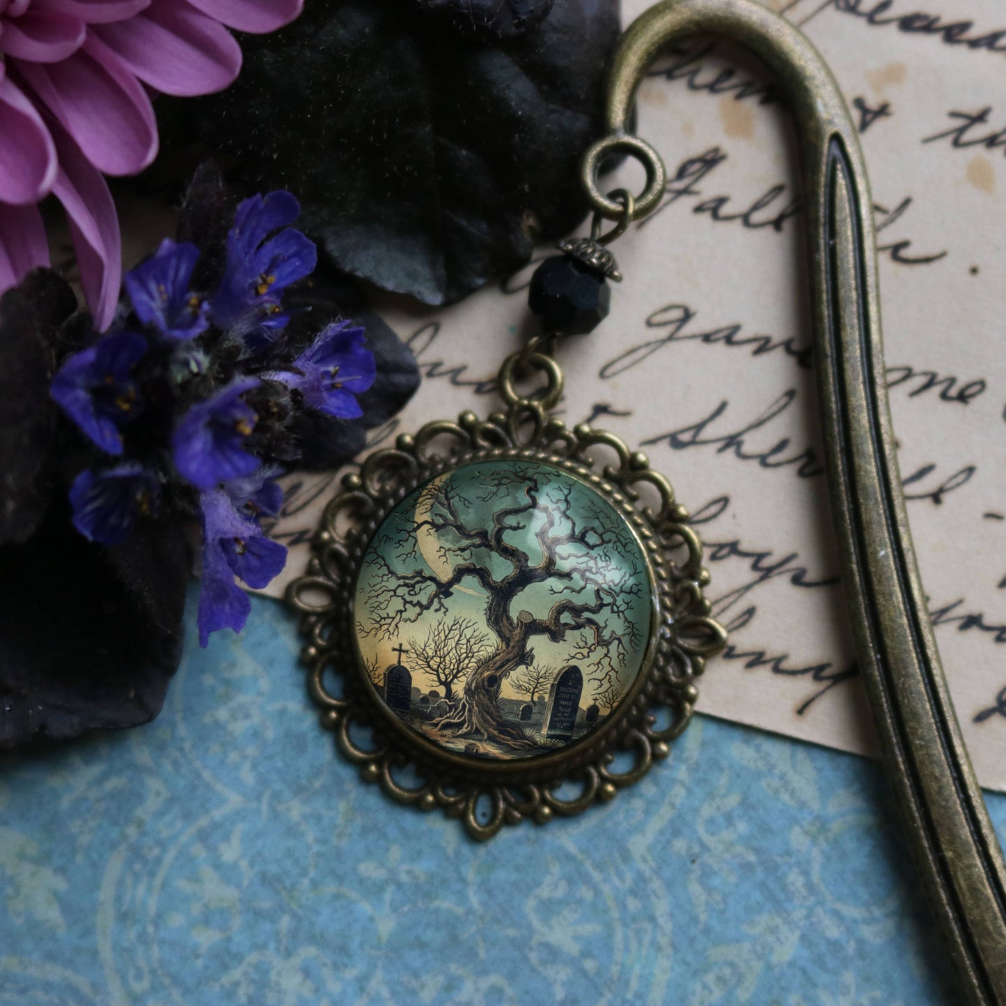 Haunted Tree Gothic Bookmark - Halloween - Bronze and Glass Cabochon Book Hook