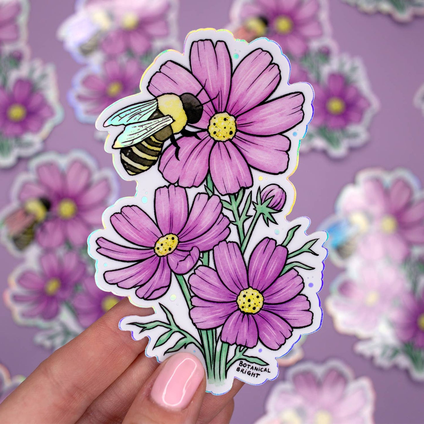 Bee and Cosmos Flower Sticker - Waterproof Vinyl - Holographic Details