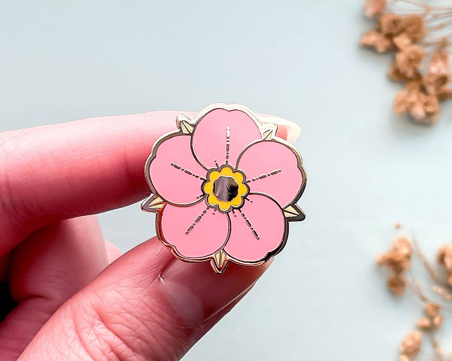 Mini Pink Strawberry Flower Enamel Pin - Gold Plated Base