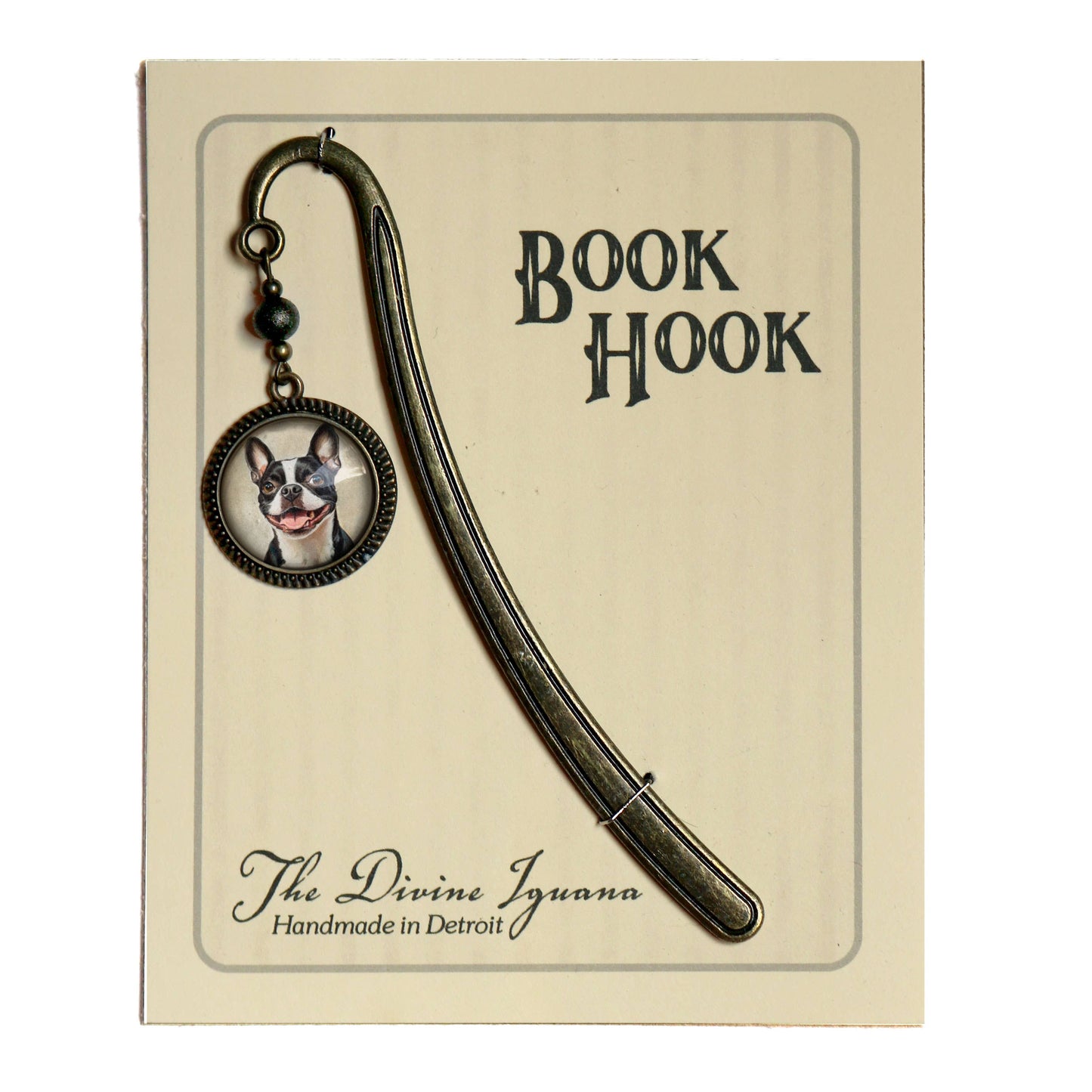 Boston Terrier Dog Bookmark - "Best Friends" - Bronze and Glass Book Hook