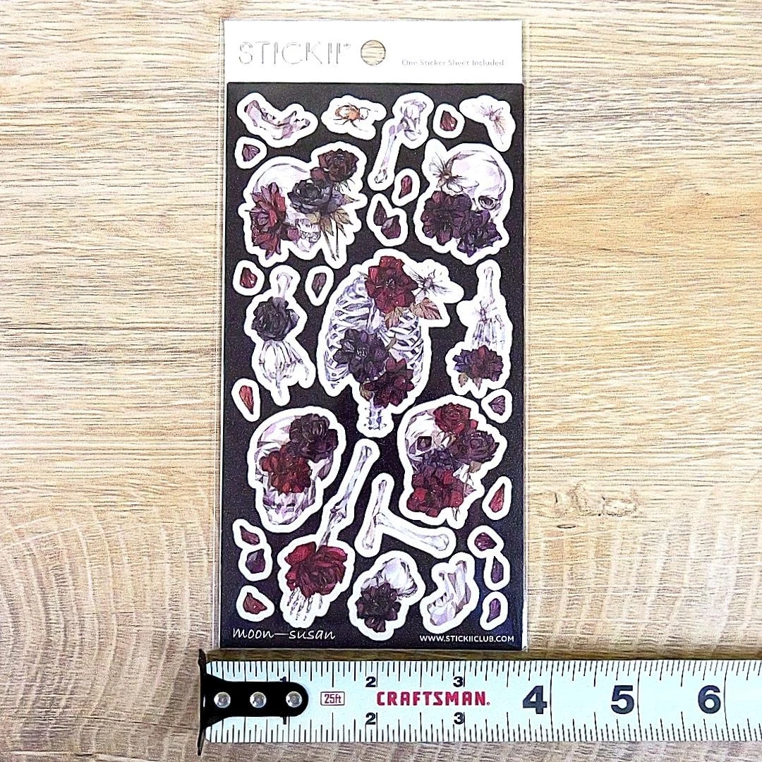 Spooky Blossom Floral Stickers - Skeletons and Flowers Sticker Sheet - Gothic & Halloween