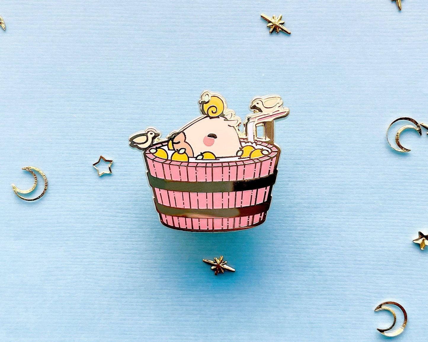 Curly the Capybara in a Bucket Spa Enamel Pin - Gold Plated Base