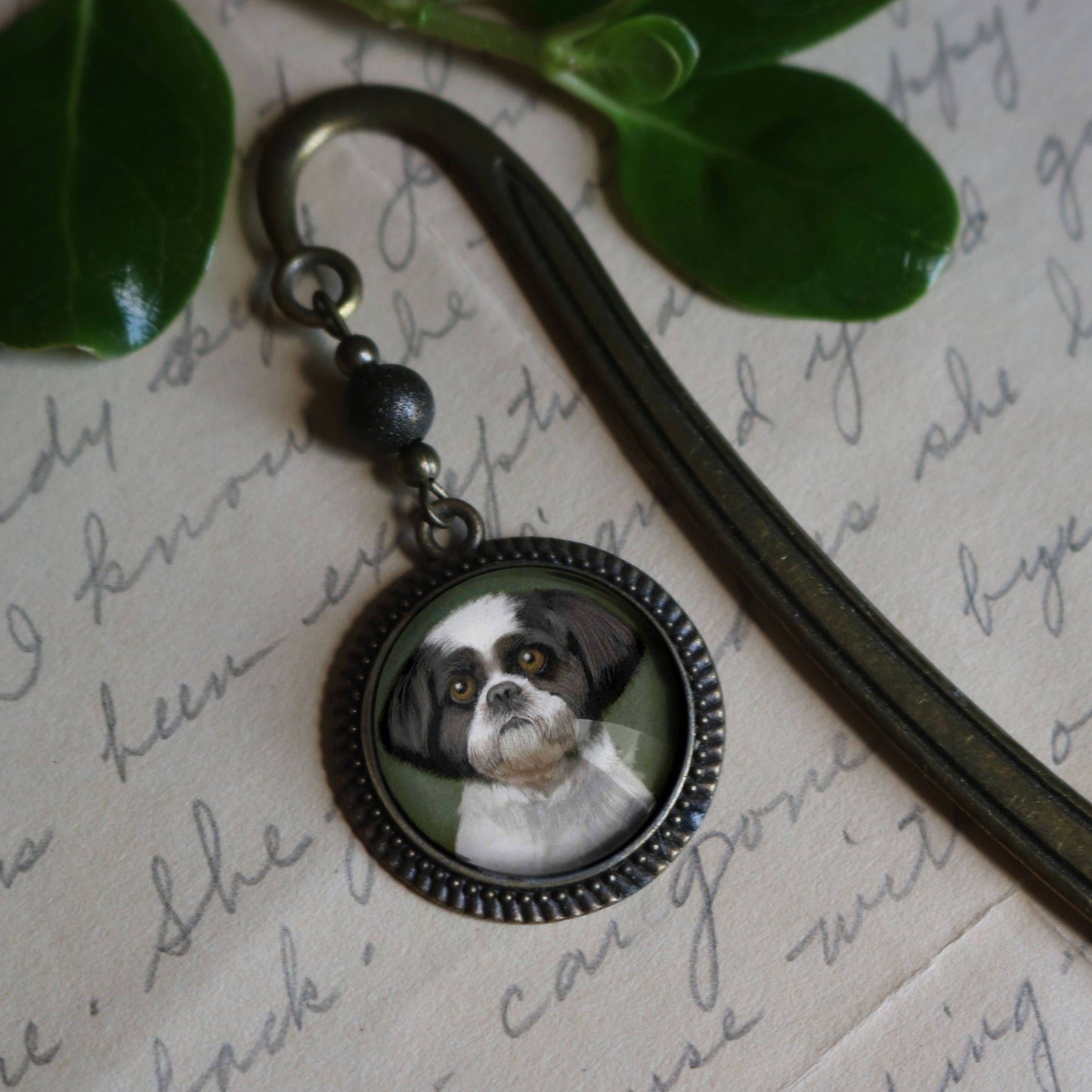Shitzu Dog Bookmark - "Best Friends" - Bronze and Glass Cabochon Book Hook