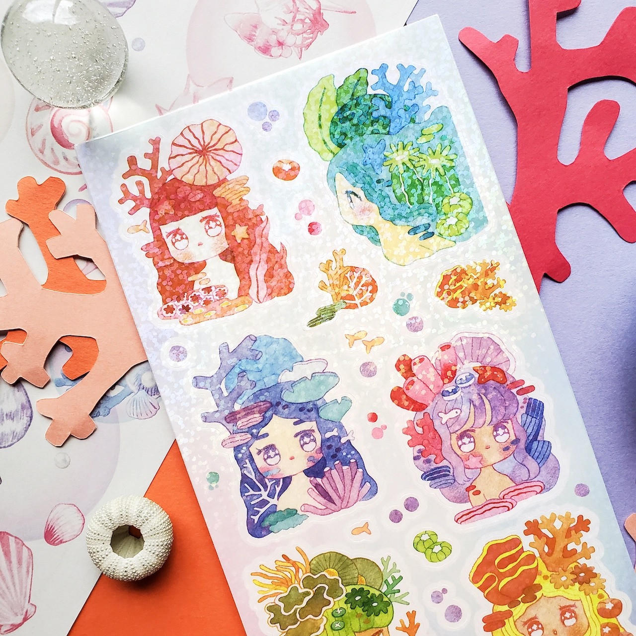 Colorful Coral Girls Sticker Sheet - Mermaids