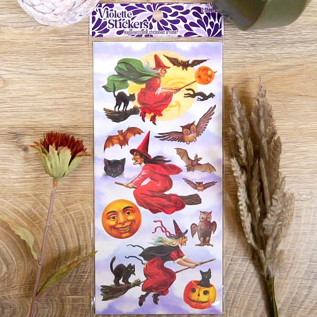 Vintage Victorian Halloween Witch Stickers - 2 Sticker Sheets