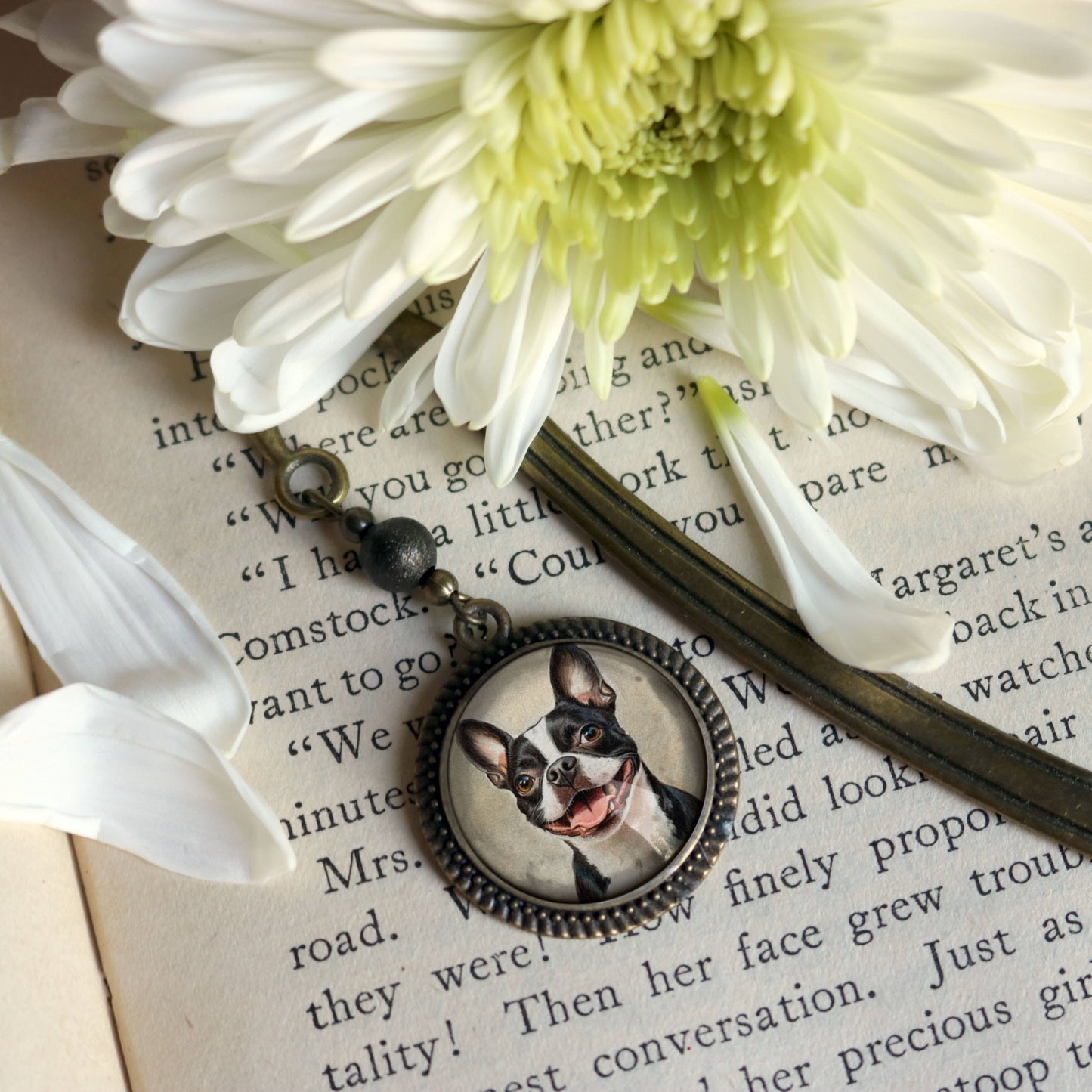 Boston Terrier Dog Bookmark - "Best Friends" - Bronze and Glass Book Hook