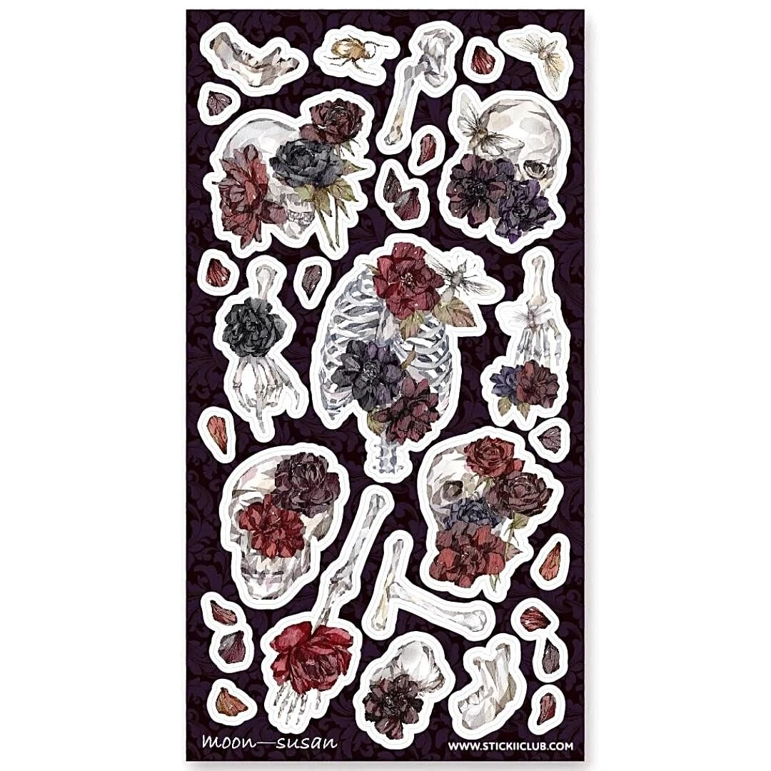 Spooky Blossom Floral Stickers - Skeletons and Flowers Sticker Sheet - Gothic & Halloween