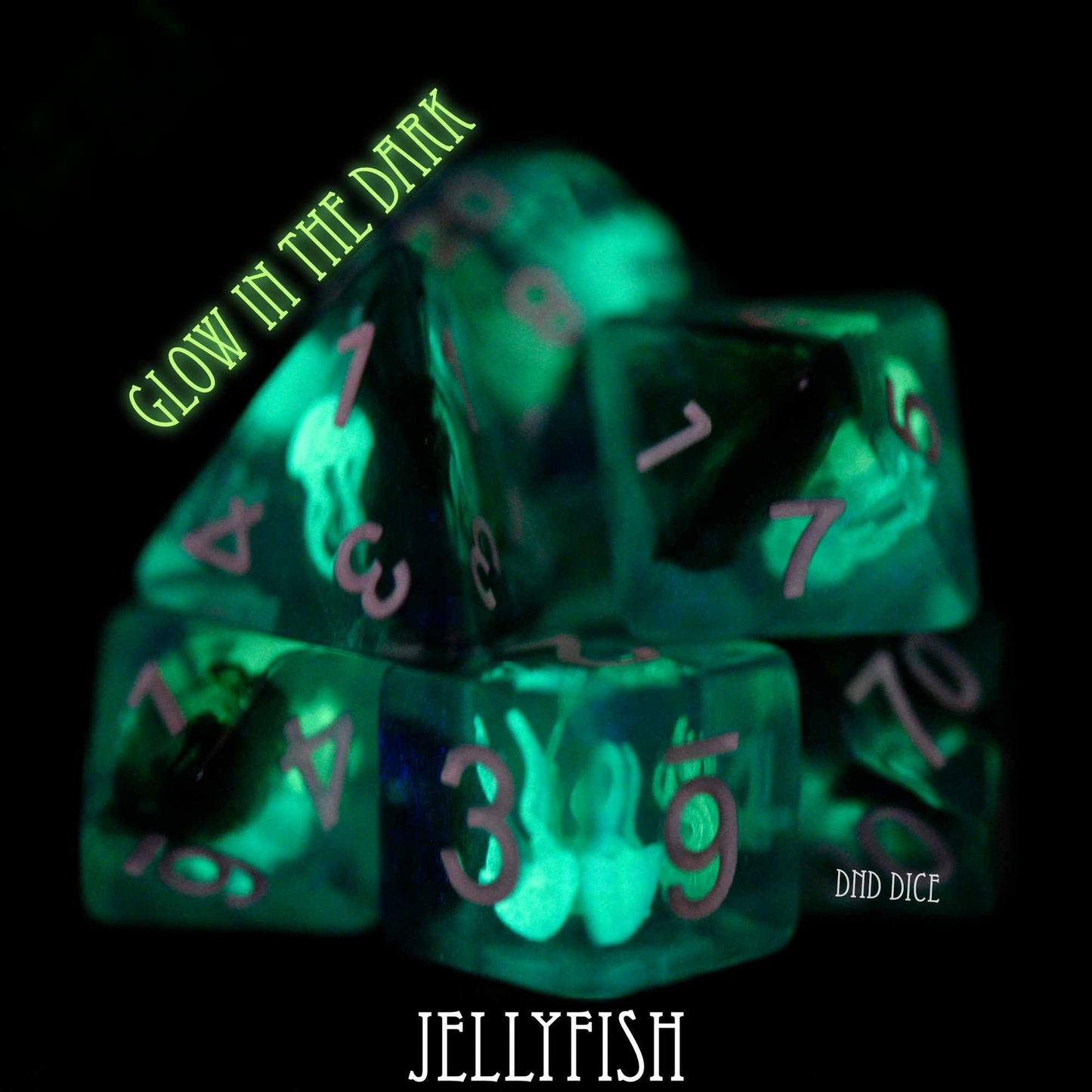 Dice Set - Jellyfish - Glow in the Dark - 7 Resin Dice