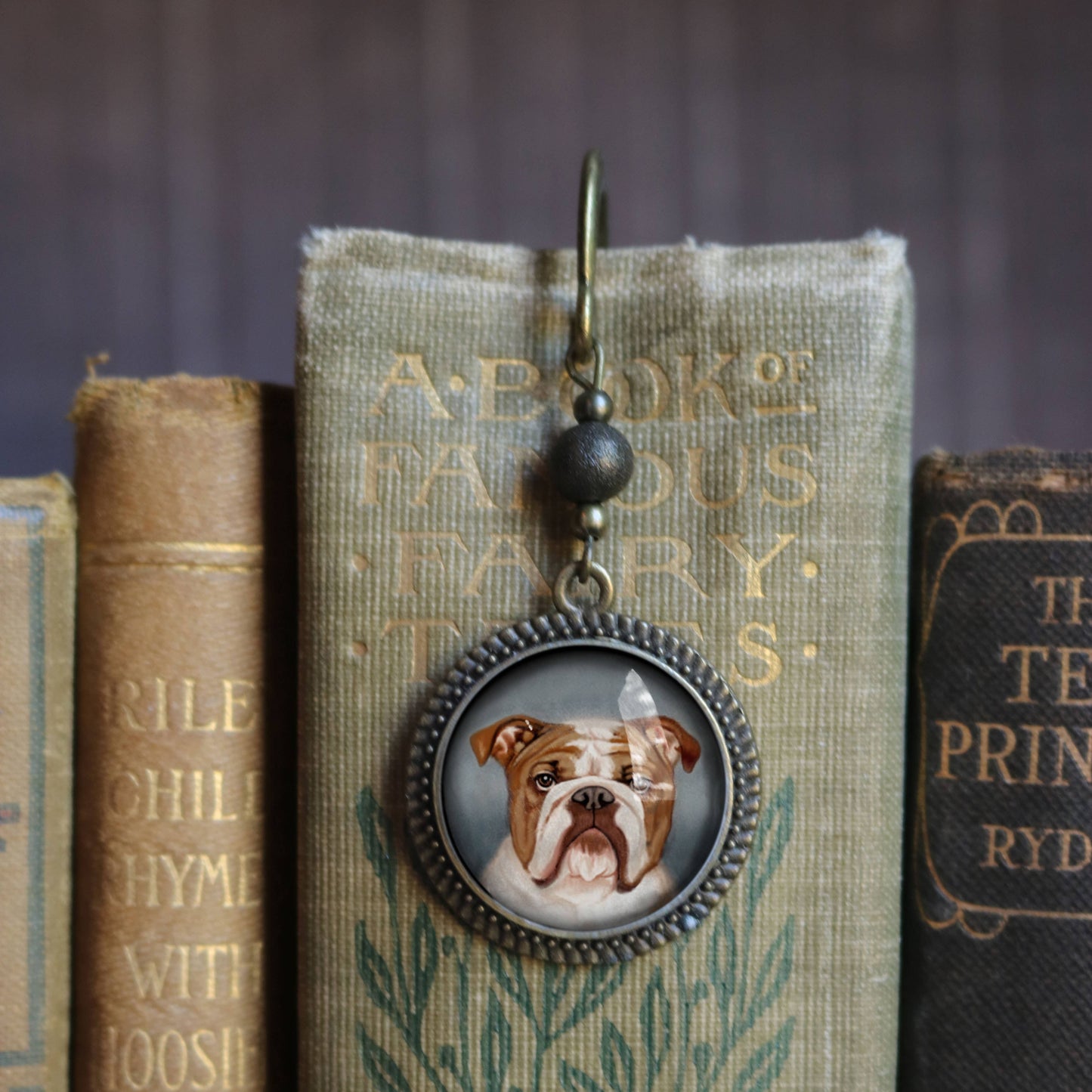 English Bulldog Bookmark - "Best Friends" - Bronze and Glass Cabochon Book Hook