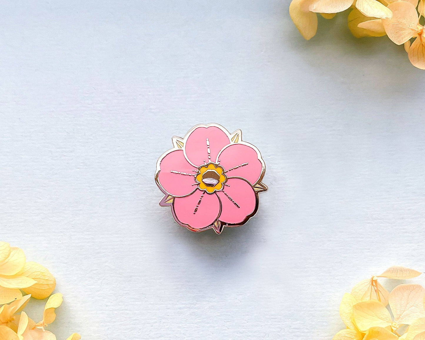 Mini Pink Strawberry Flower Enamel Pin - Gold Plated Base