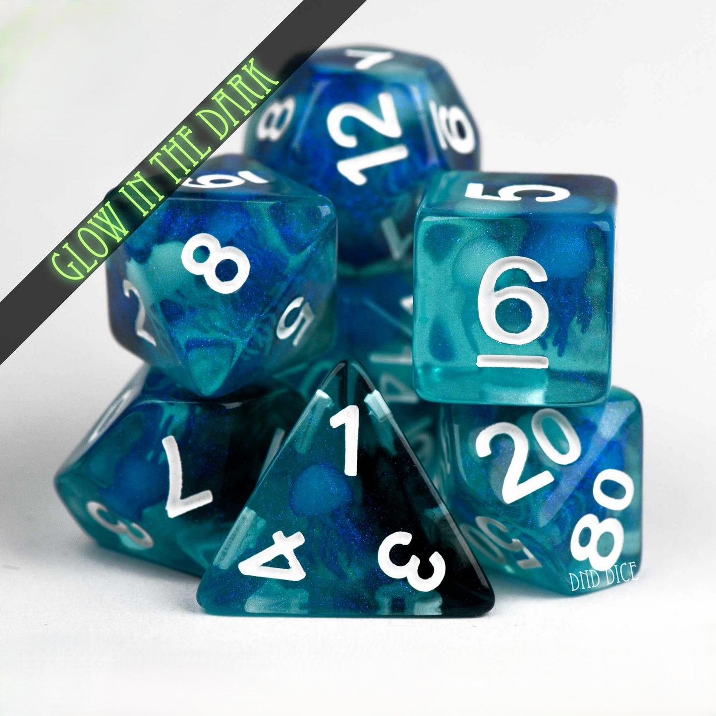 Dice Set - Jellyfish - Glow in the Dark - 7 Resin Dice