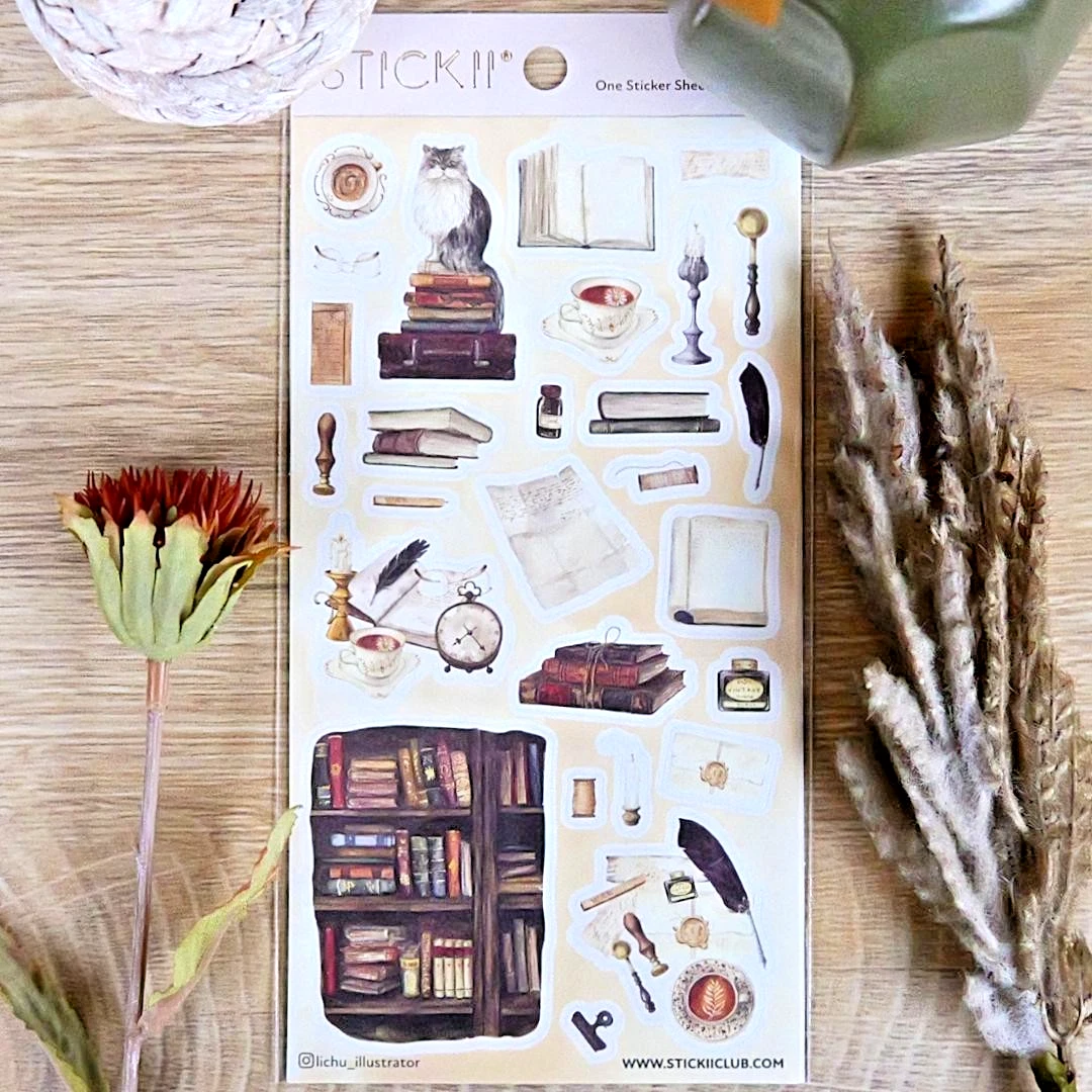 Bookish Haven Stickers - Vintage Library, Books, & Office Sticker Sheet