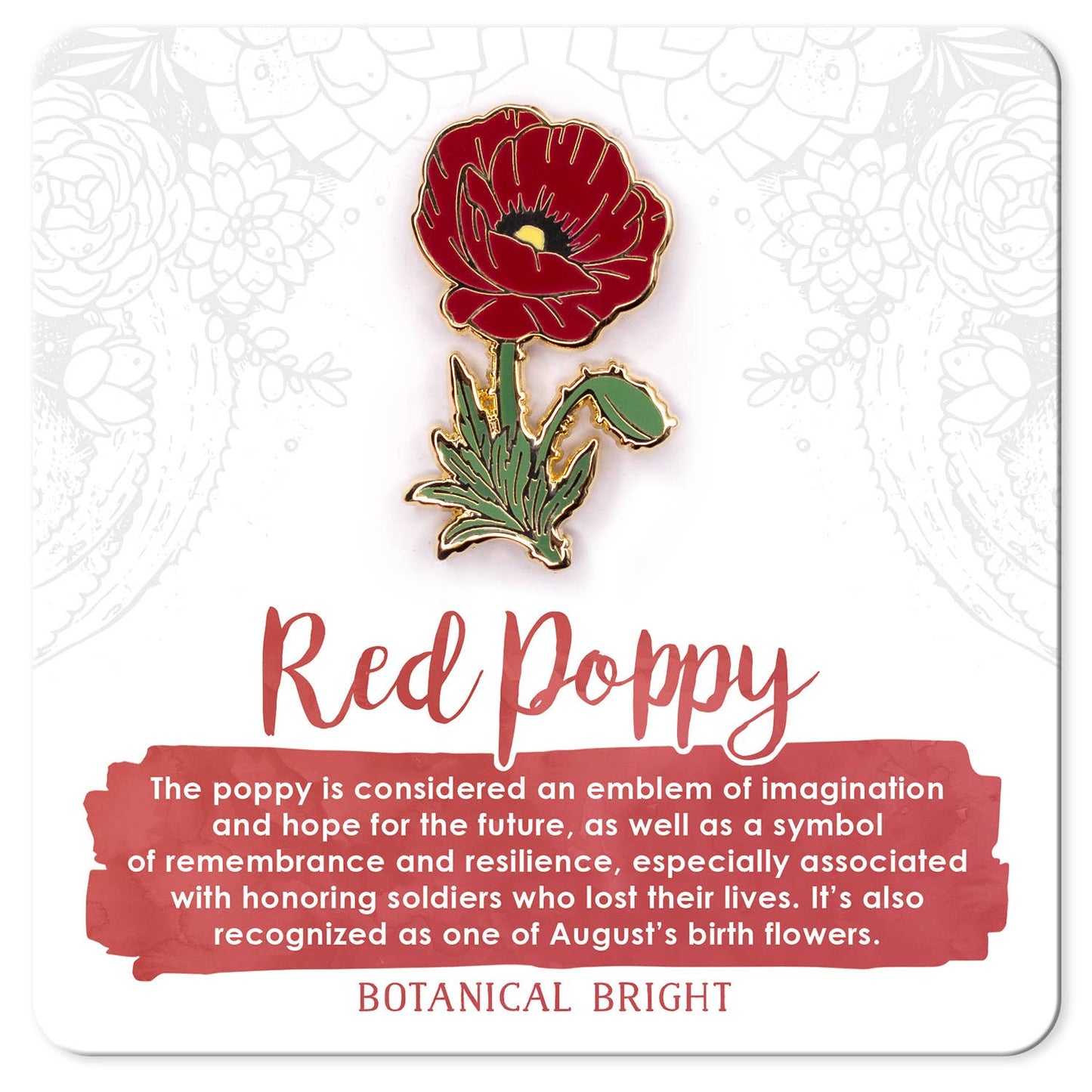 Red Poppy Enamel Pin - August Birth Flower - Gold Plated Base