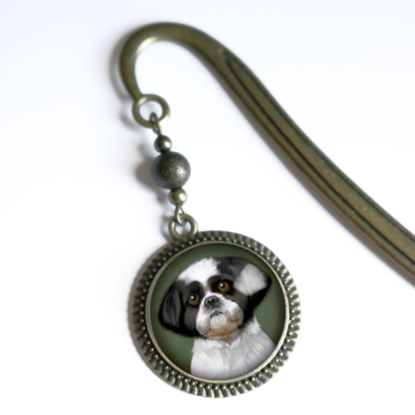 Shitzu Dog Bookmark - "Best Friends" - Bronze and Glass Cabochon Book Hook