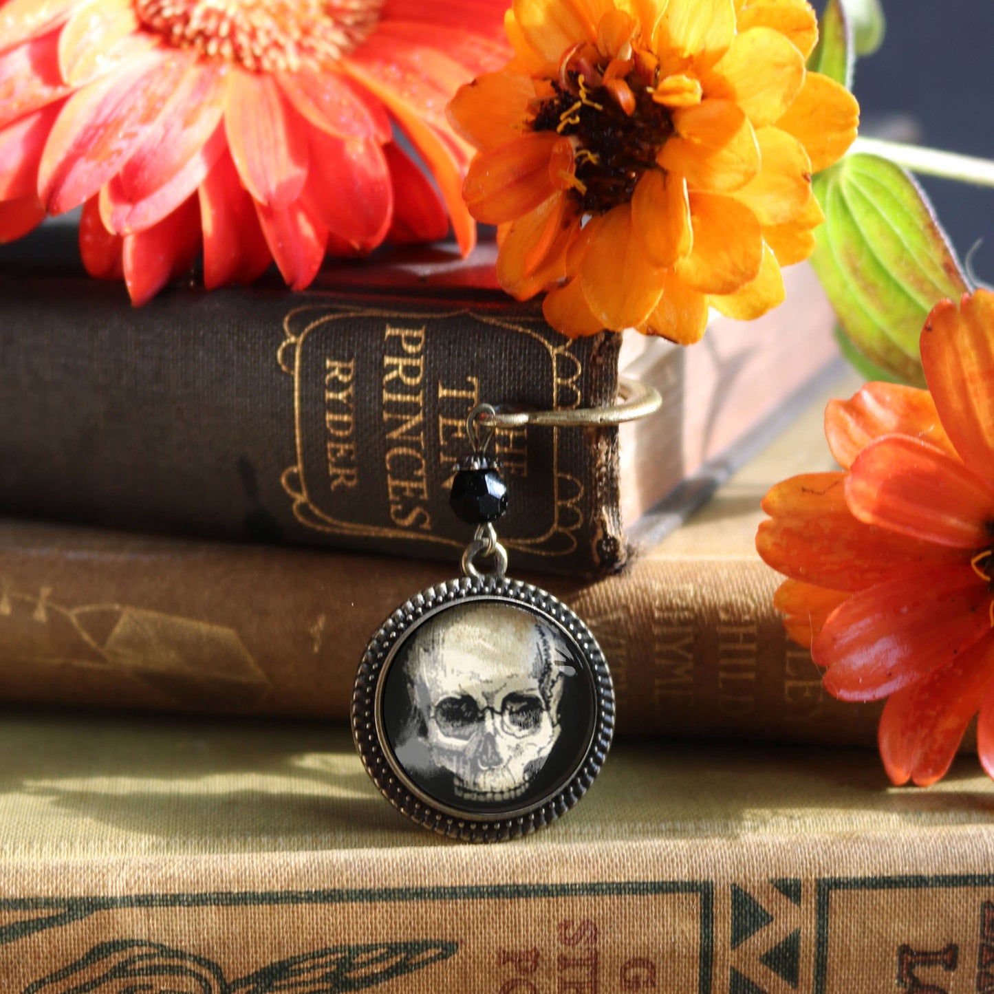 Human Skull Bookmark - Halloween - Bronze and Glass Cabochon