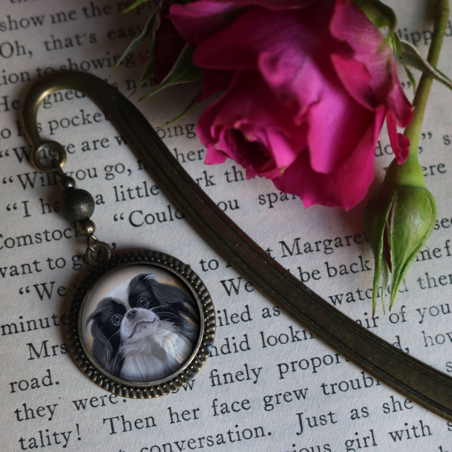 Japanese Chin Dog Bookmark - "Best Friends" - Bronze and Glass Cabochon