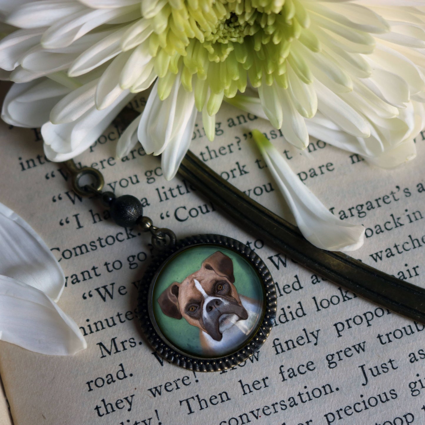 Boxer Dog Bookmark - "Best Friends" - Bronze and Glass Cabochon Book Hook