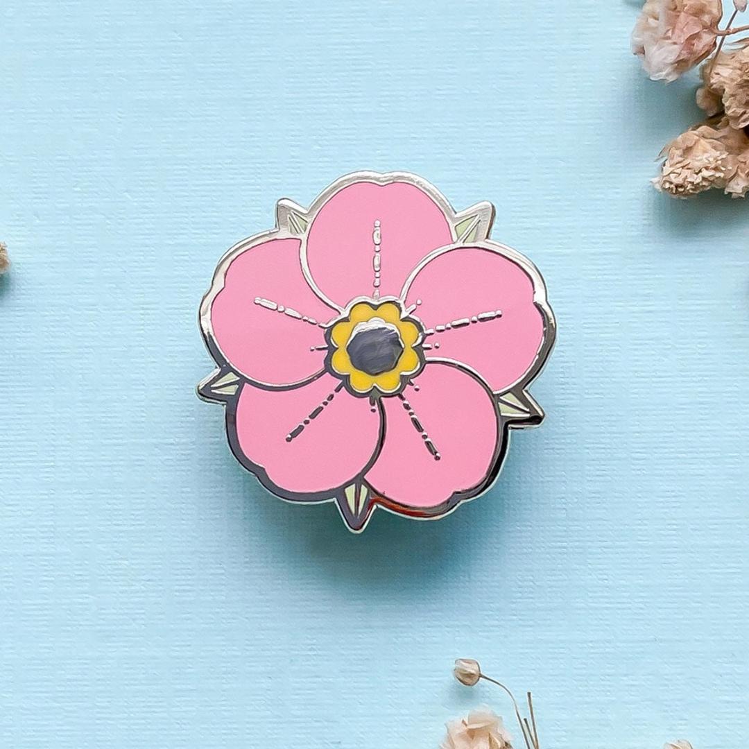 Mini Pink Strawberry Flower Enamel Pin - Gold Plated Base