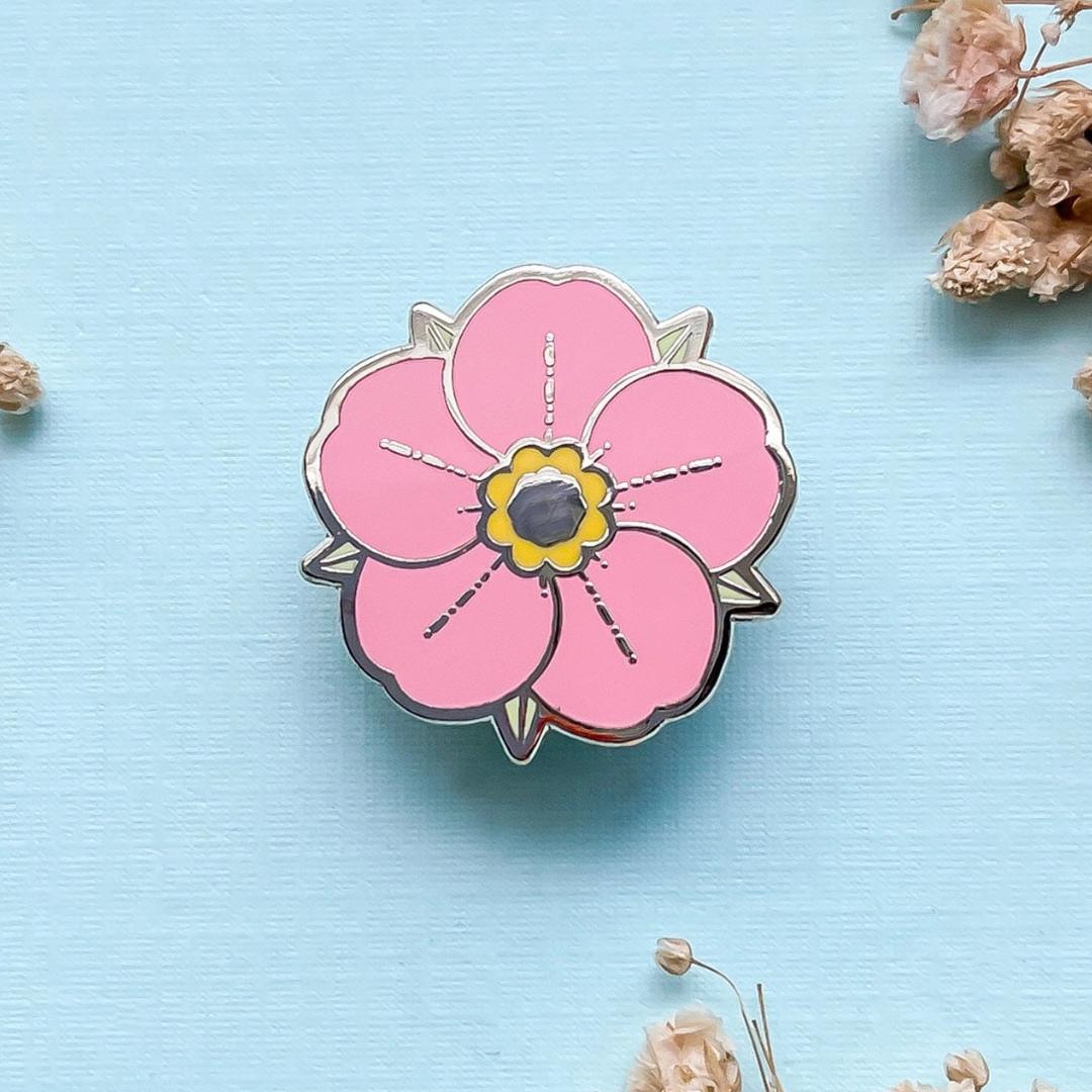 Mini Pink Strawberry Flower Enamel Pin - Gold Plated Base