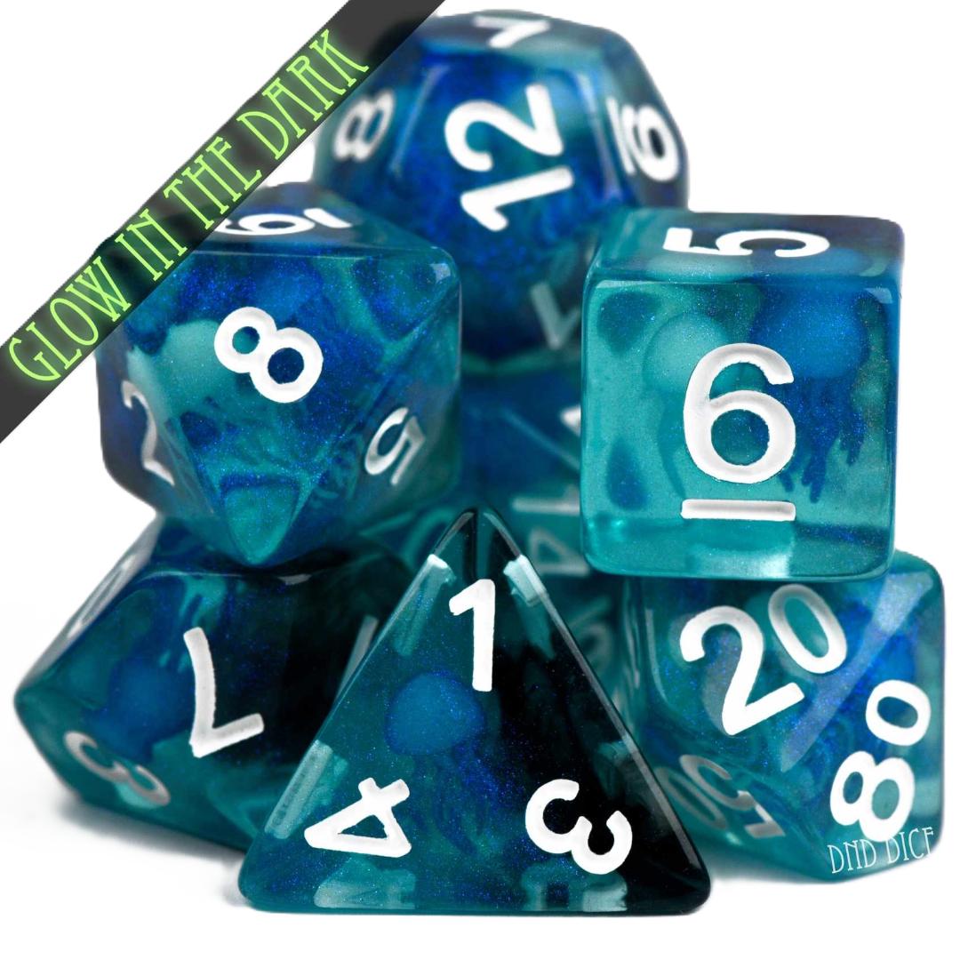 Dice Set - Jellyfish - Glow in the Dark - 7 Resin Dice