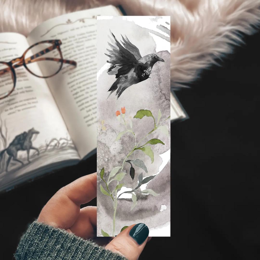 Raven Watercolor Bookmark - Cardstock - Crow - Nature
