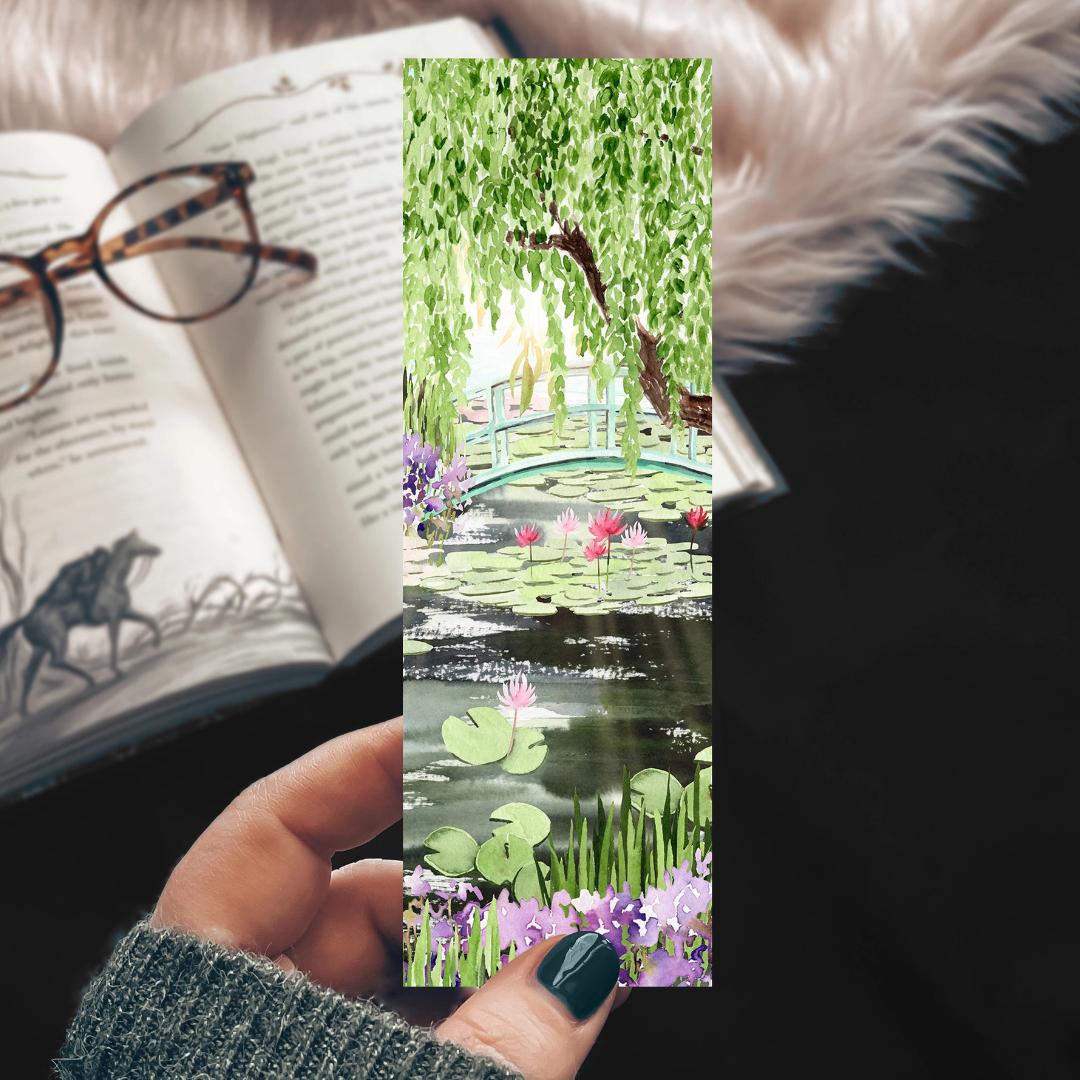 Monet's Garden with Lily pads Watercolor Floral Bookmark - Cardstock - Free Shipping
