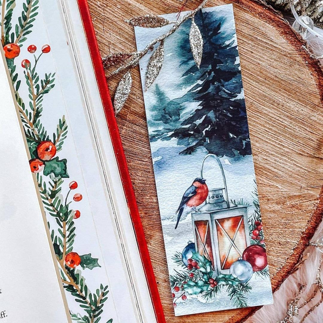 Holiday Winter Lantern Cozy Watercolor Bookmark - Cardstock