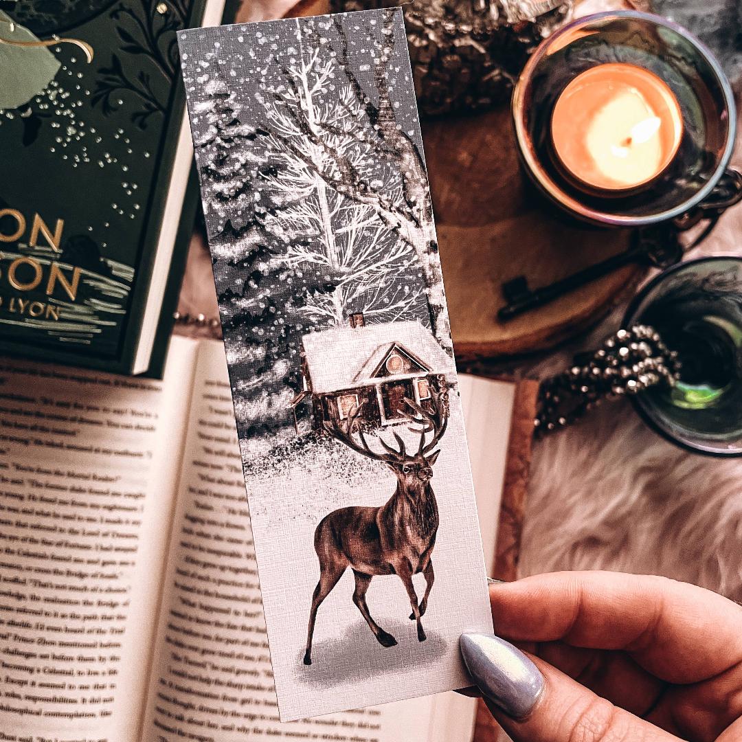 Christmas Deer & Cabin Watercolor Bookmark - Snowy Winter Scene - Cardstock