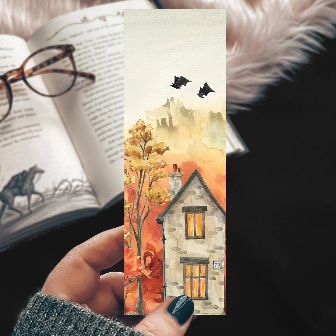 Halloween Eve Bat Bookmark - Fall Watercolor Landscape - Cardstock