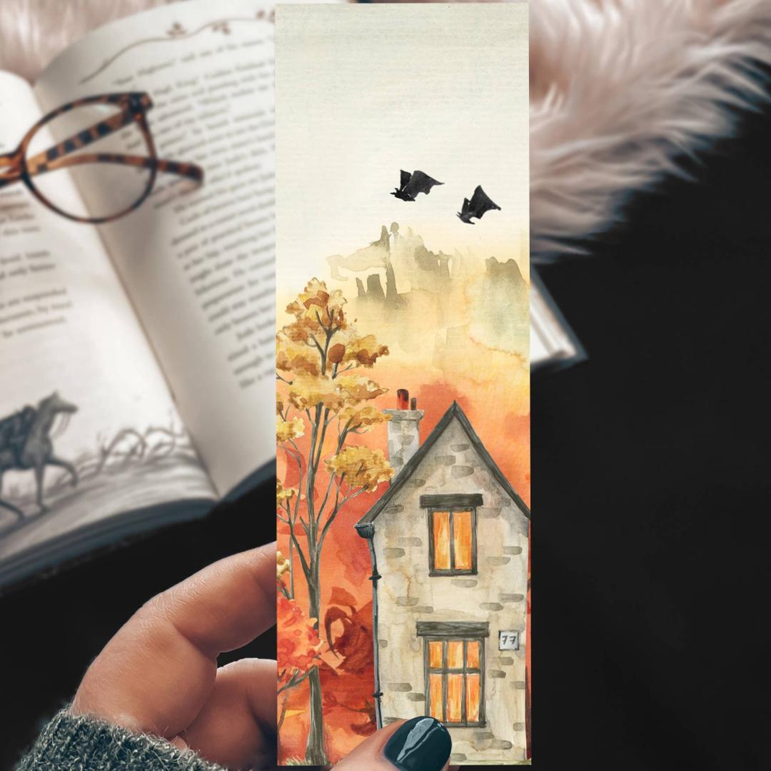 Halloween Eve Bat Bookmark - Fall Watercolor Landscape - Cardstock