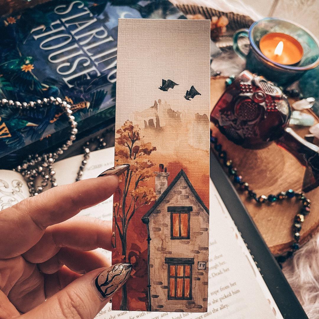Halloween Eve Bat Bookmark - Fall Watercolor Landscape - Cardstock