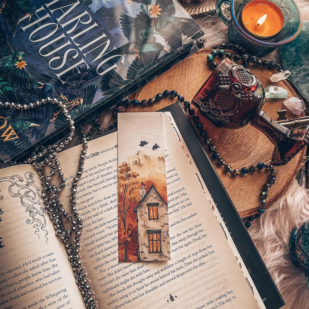 Halloween Eve Bat Bookmark - Fall Watercolor Landscape - Cardstock